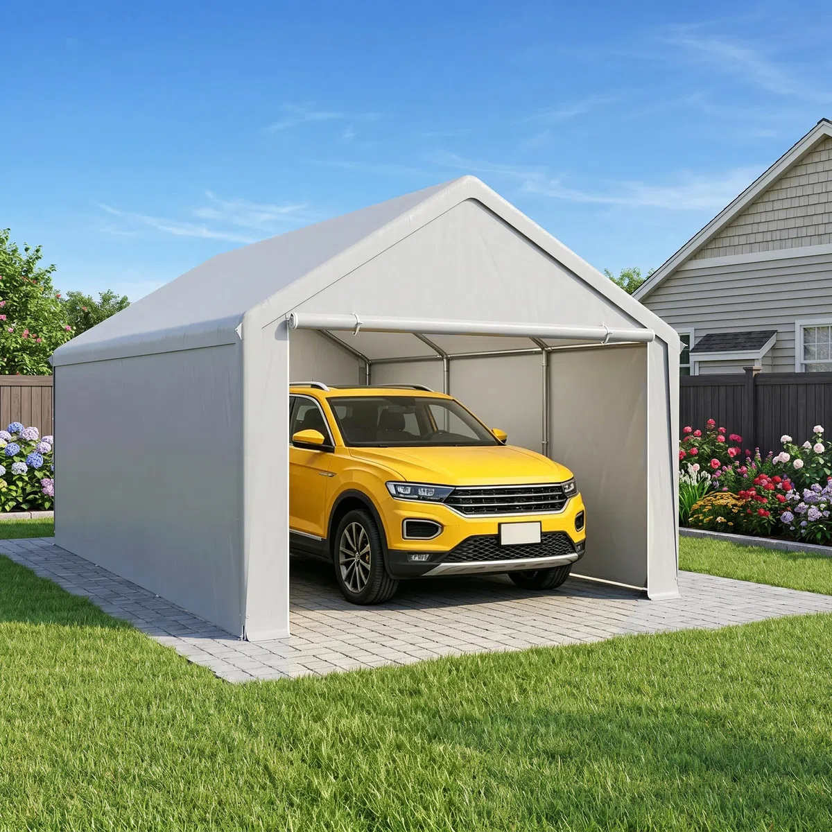 XMTECH namiot garażowy, 4 x 6 m, odporny na promieniowanie UV i słońce, drzwi, pastwiskowy, magazynowy, zadaszenie do SUV, łodzi, ciężarówki