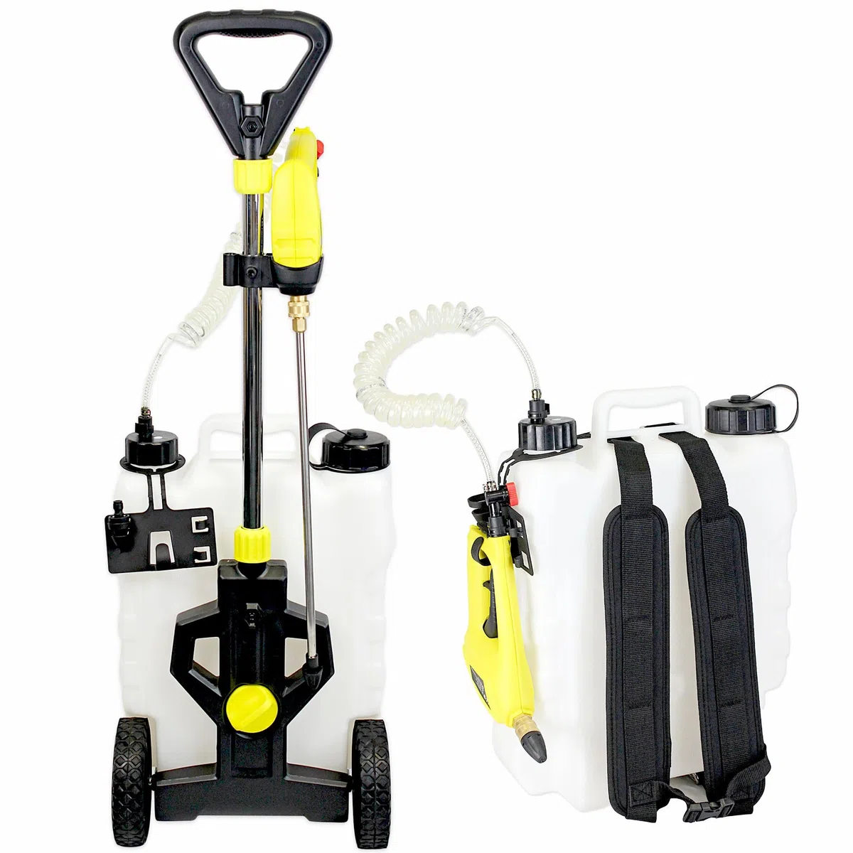 Elektryczny opryskiwacz na kółkach lub z tyłu z akumulatorem wielokrotnego ładowania – zbiornik 16 l – bateria litowo-jonowa – dysza 40 cm – elastyczny wąż