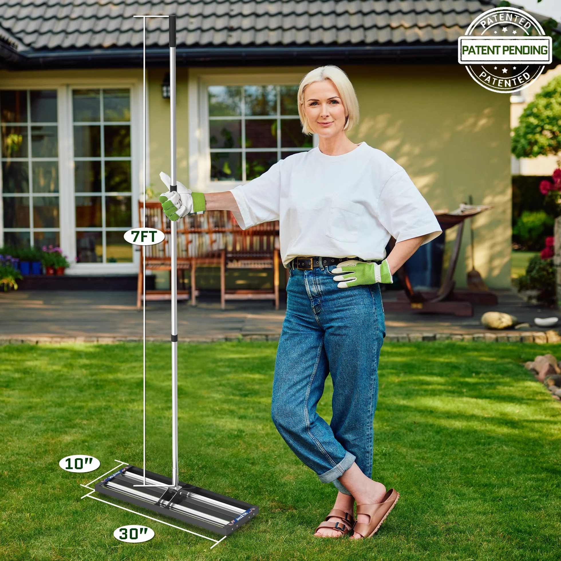 Ulepszona grabia poziomująca do trawnika z aluminiowymi rolkami, narzędzie poziomujące ze stali nierdzewnej 76 cm x 25 cm, wytrzymała poziomownica do trawnika z rozszerzonym uchwytem 203 cm, grabie