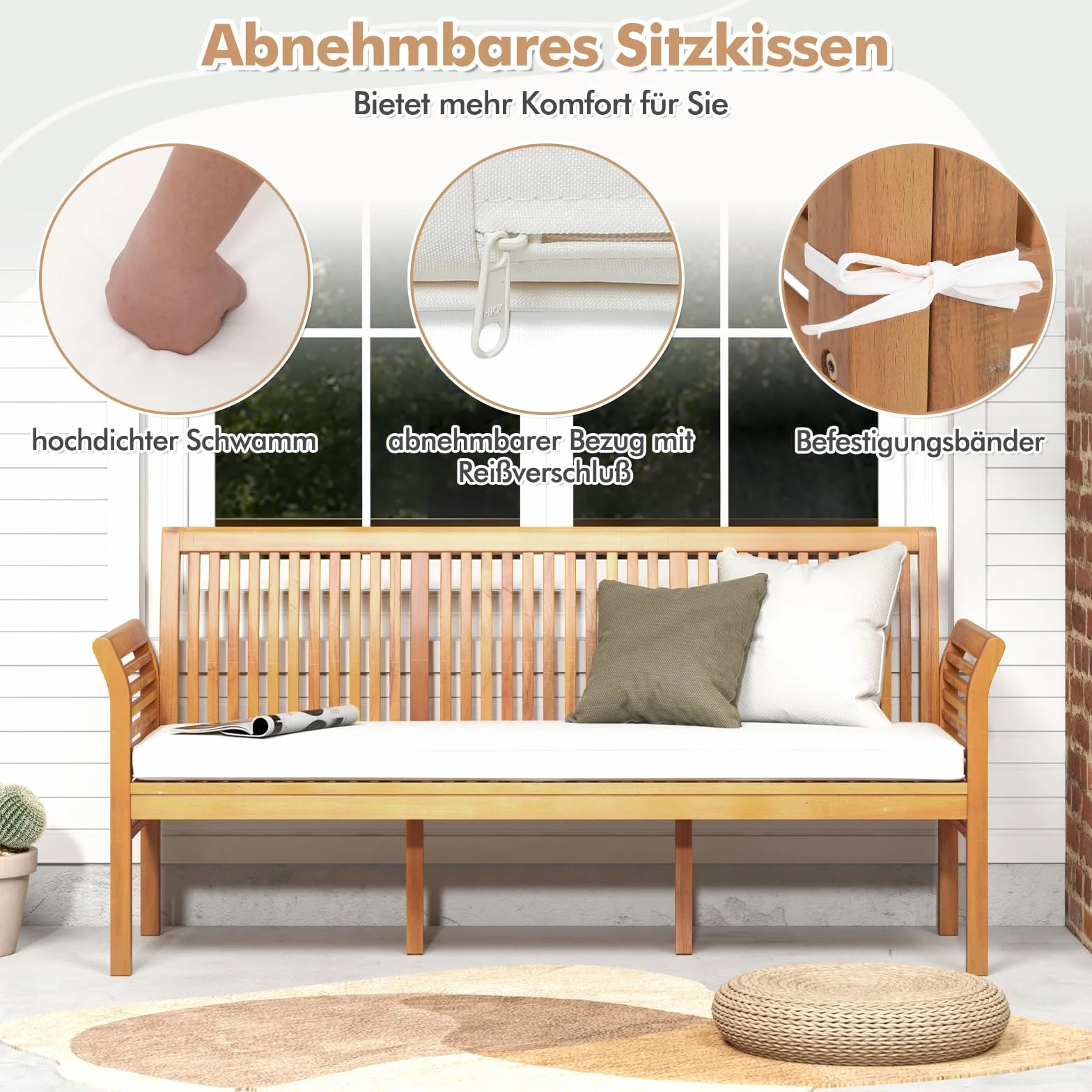 COSTWAY Ławka Ogrodowa z Drewna Akacjowego, Poduszką do Siedzenia, 3-Osobowa Sofa Ogrodowa, Balkonowa, Obciążenie 540 kg, Parkowa na Taras, Balkon, Ogrodu, 159
