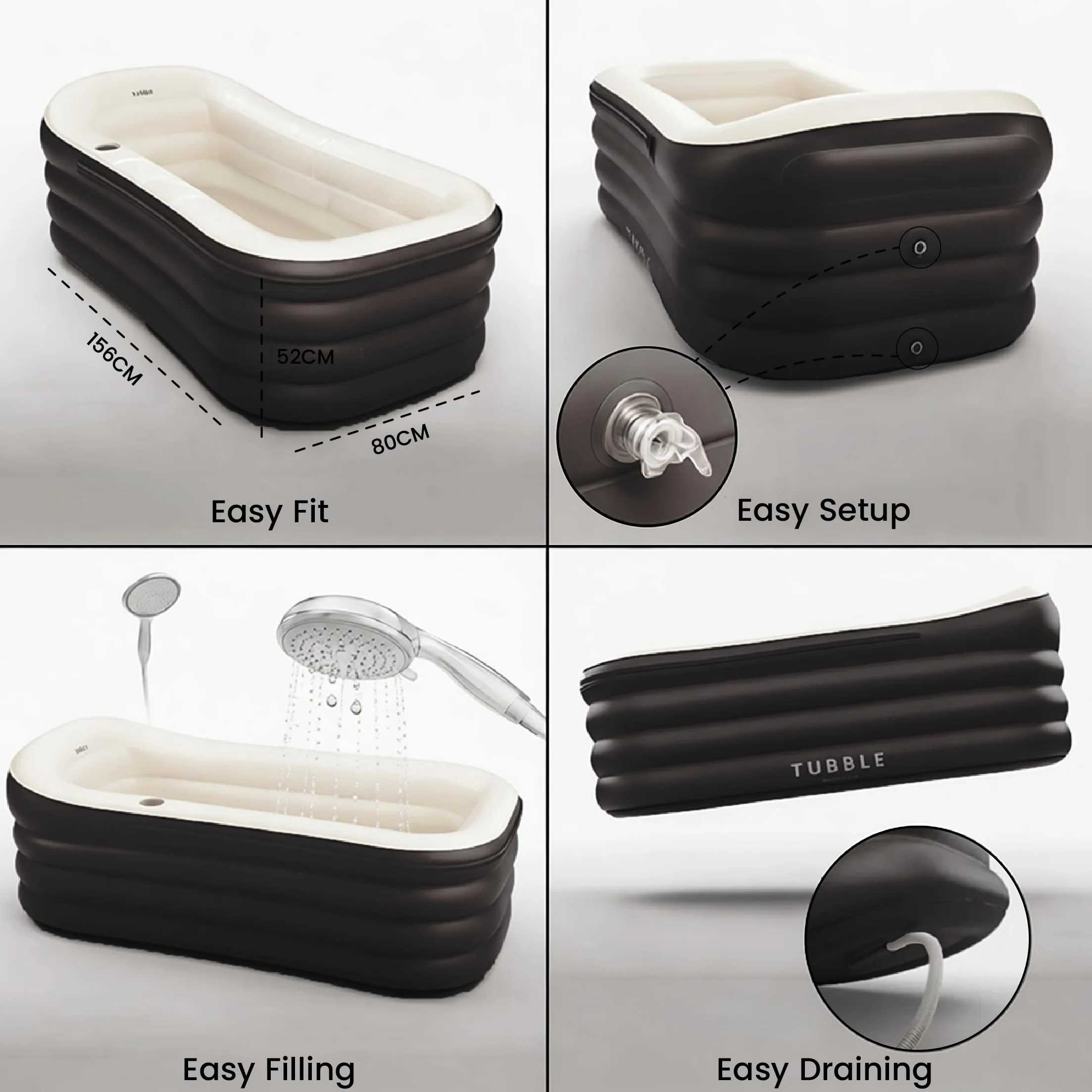Tubble® Cuzi Nadmuchiwana Wanna z Hydromasażem 255L Black Onyx - Składane Spa dla Dorosłych, Do Użytku Wewnętrznego i Zewnętrznego, Całoroczne Użytkowanie, Relaksujący Masaż Bąbelkowy