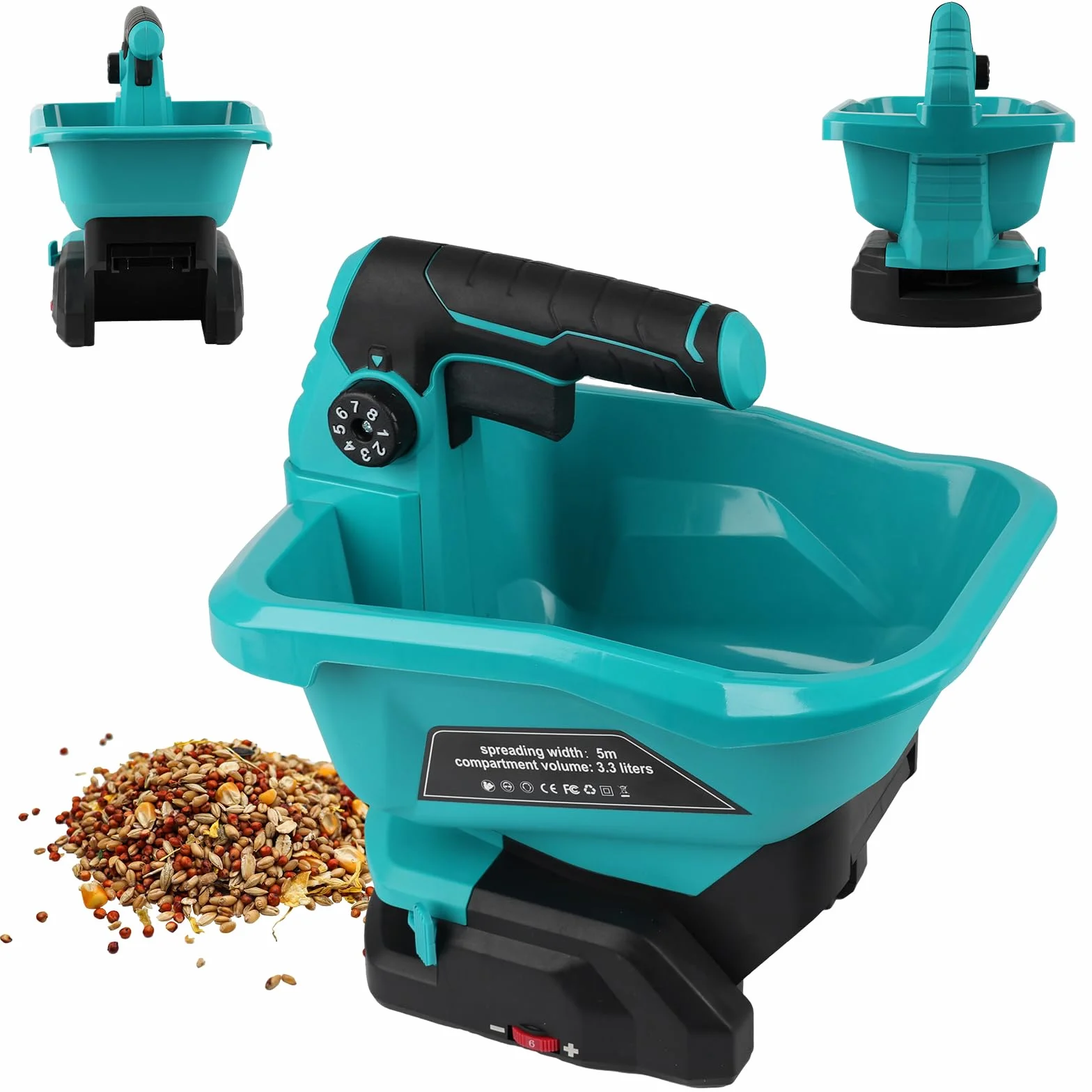Bezprzewodowy rozrzutnik nasion for Makita 18V, elektryczny rozsiewacz ręczny 3,3L z 8 regulowanymi szerokościami rozproszenia i 6 poziomami przepływu, do nasion, nawozów i środków przeciw chwastom