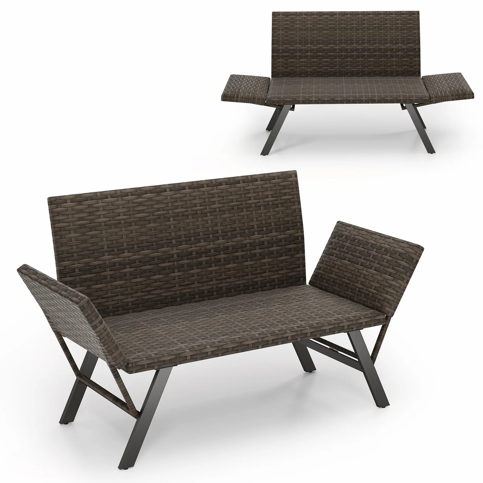 COSTWAY Ławka ogrodowa z polirattanu z funkcją leżenia, sofa ogrodowa z regulowanymi podłokietnikami
