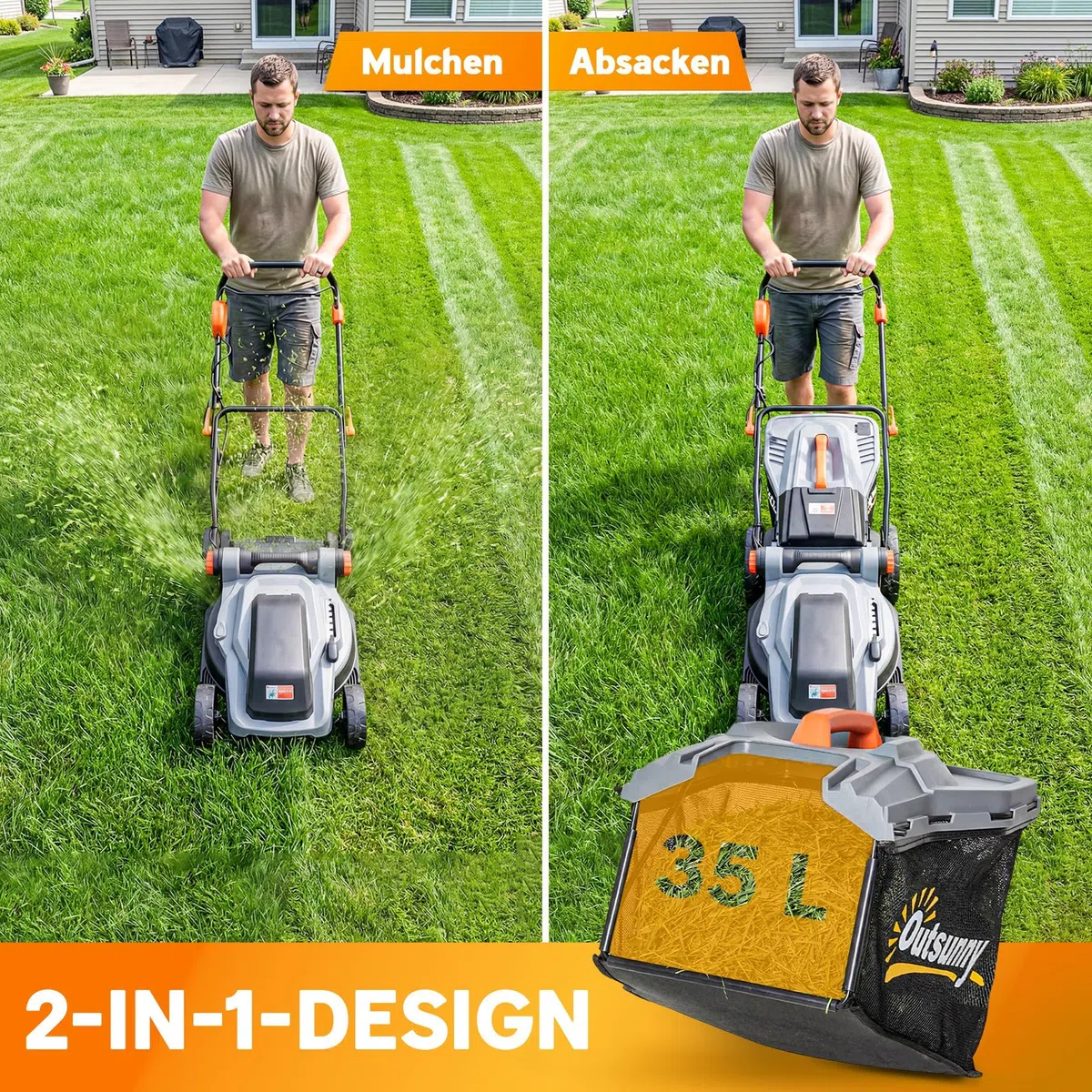 Outsunny elektryczna kosiarka 1200 W z szerokością cięcia 34 cm, koszem na trawę o pojemności 35 litrów, funkcją mulczowania, 6 wysokościami cięcia, regulowanym uchwytem, kosiarka do trawnika