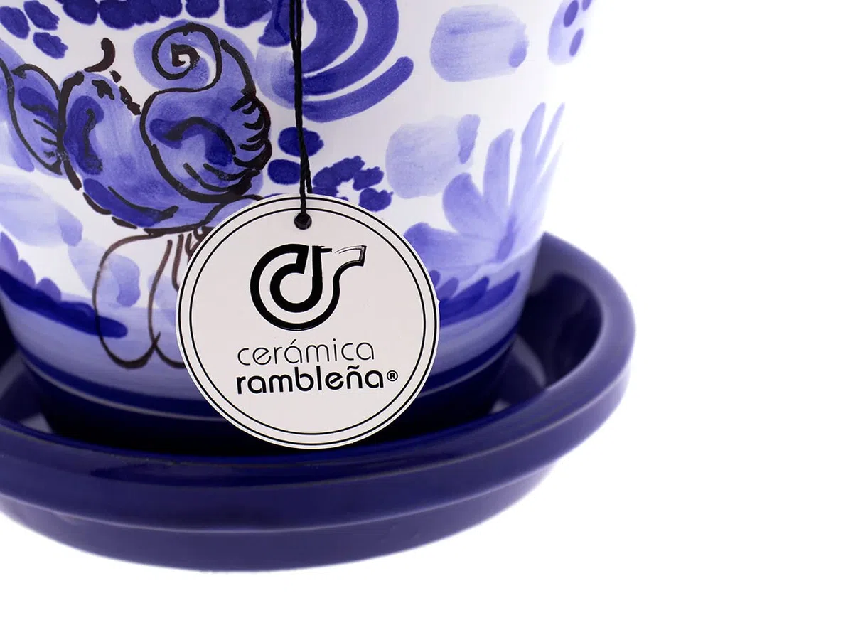 CERAMICZNA RAMBLEÑA | Garnki z czerwonego błota | Dekoracyjne doniczki | Doniczki ceramiczne | Doniczki zewnętrzne | Ozdobione Blue Mountain - D111 | 100% Ręcznie robione dekoracje | 20x20x19 cm | Talerz w zestawie