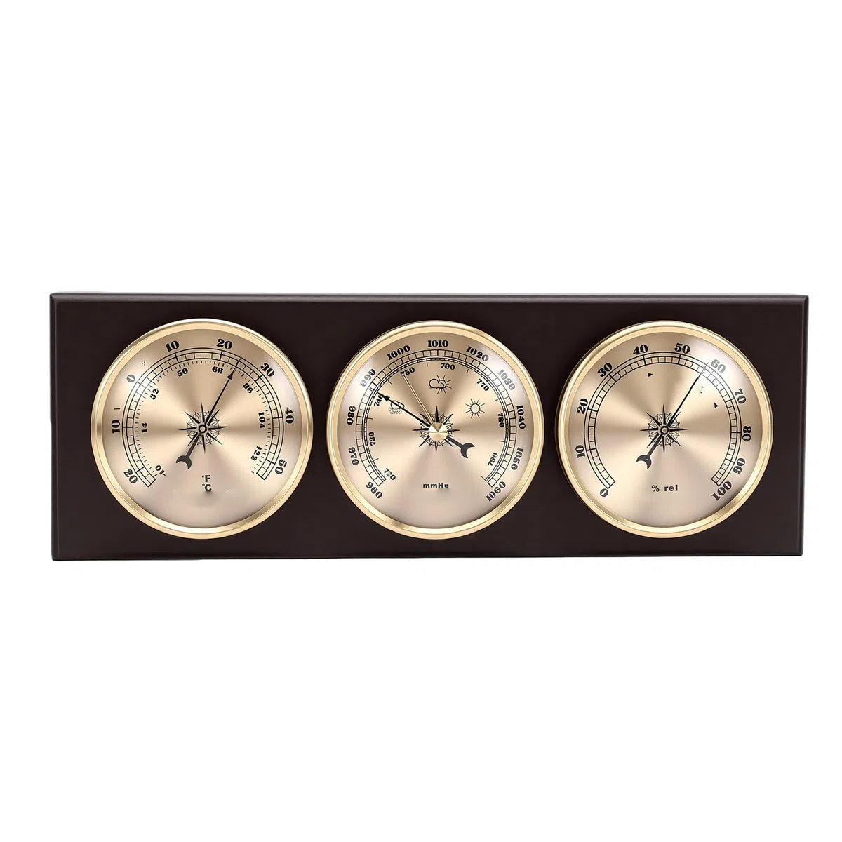 Barometr Termometr Higrometr, 960-1060hPa Wkładka Drewniana | Wkładka drewniana ze stopu aluminium, wskaźnik pogody 3 w 1, czarne oznaczenia ze złotą tarczą, ściana lub blat, do ogrodu