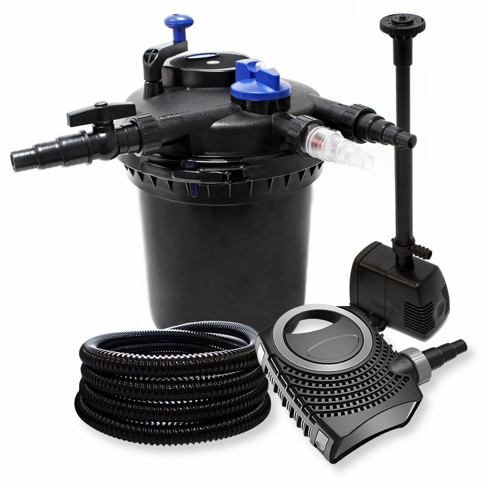 Wiltec Kompletny zestaw: CPF-15000 filtr ciśnieniowy do oczka wodnego do 30000 l z 18 W UV-C, NEO8000 SuperEco pompa do oczka wodnego 8000 l/h 70 W, 25 m wąż do stawu 25 mm (1"), HJ-943 ECO pompa
