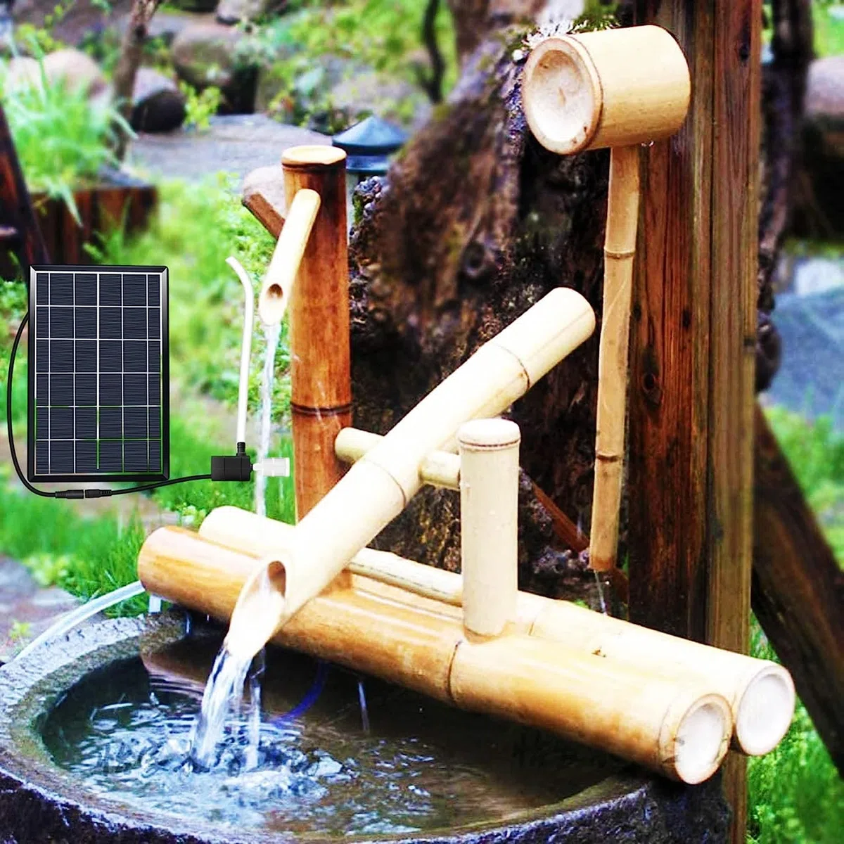Bambusowa fontanna solarna z pompką, zasilana energią słoneczną, dekoracja ogrodowa Zen, do użytku wewnątrz i na zewnątrz, feng shui, do ogrodu, na podwórko, trawnik, relaksująca woda