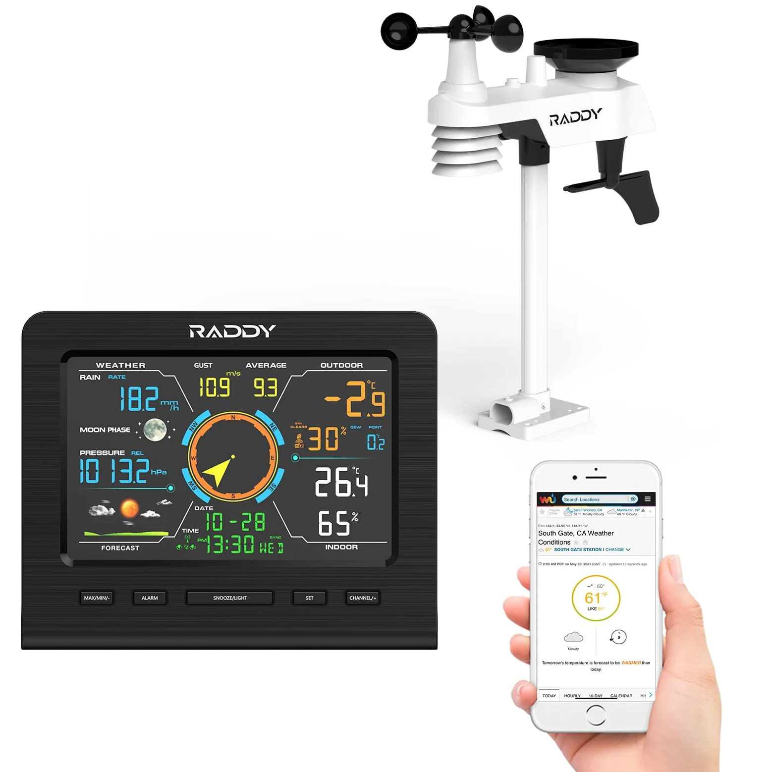 Raddy WF-100C Lite 13-IN-1 Bezprzewodowa stacja pogodowa do użytku wewnątrz i na zewnątrz, z temperaturą, ciśnieniem barometrycznym, wilgotnością, anemometrem, opadami, prognoza pogody, do domu,