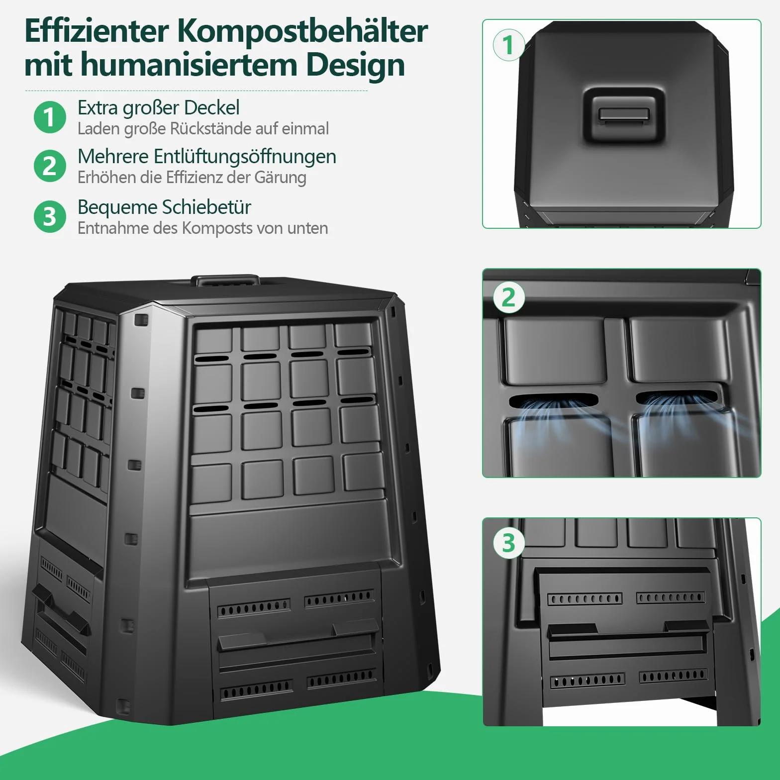 COSTWAY Kompostownik ogrodowy 380 l, PP, termiczny kompostownik z pokrywką i regulowanymi otworami powietrza, duży szybki kompostownik, do użytku na zewnątrz, na odpady ogrodowe, odpady organiczne, 78