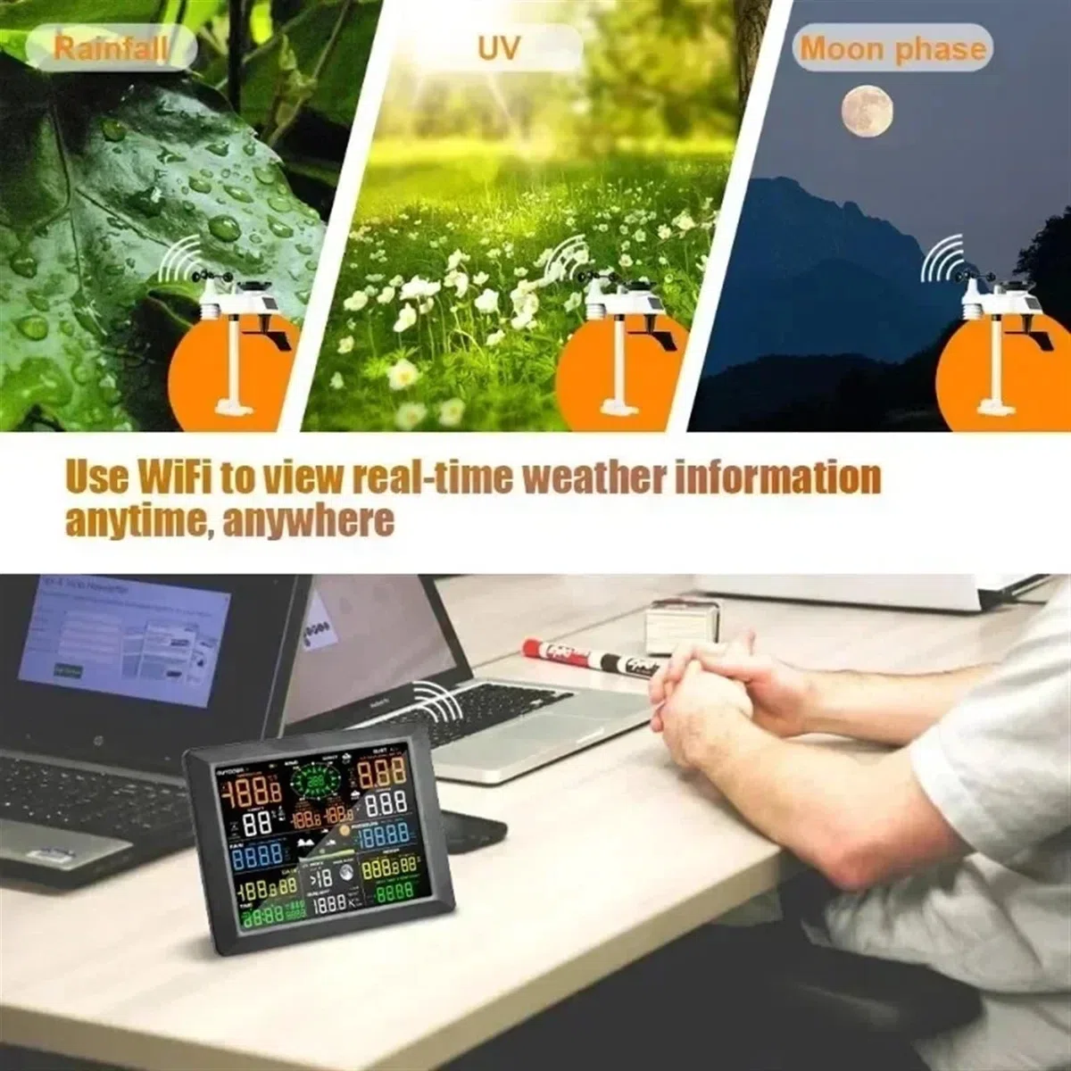 Stacje pogodowe, Profesjonalna stacja pogodowa 0310 Internet bezprzewodowy z czujnikiem zewnętrznym Wskaźnik deszczu Inteligentna prognoza życia Wiatr