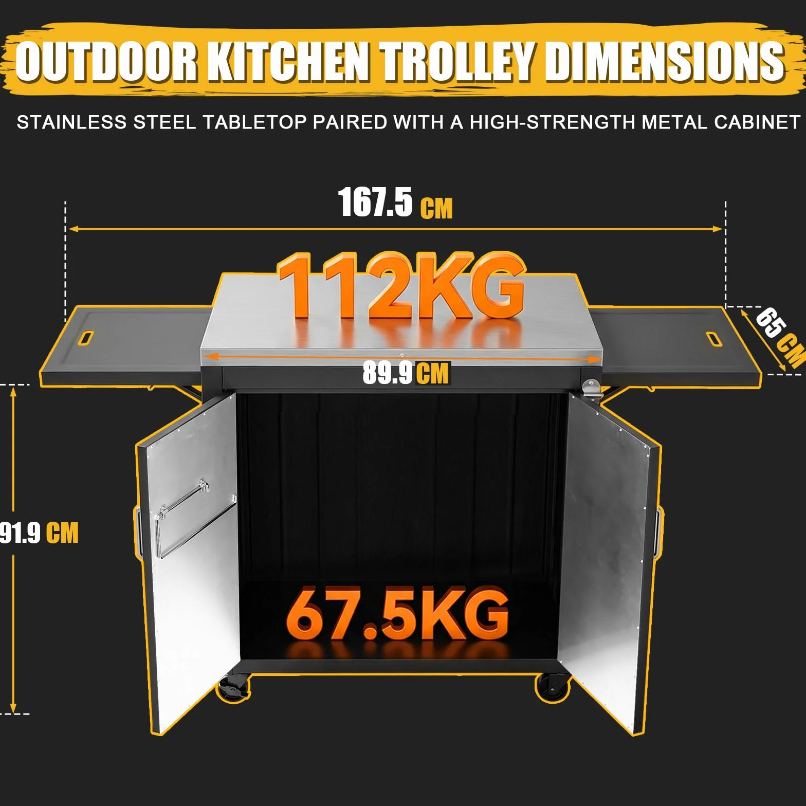 GFTIME Wózek grillowy 89,9 x 65 x 91,9 cm, wózek kuchenny do użytku na zewnątrz, z blatem roboczym ze stali nierdzewnej, 2 składane półki boczne, 2 drzwi i kółka, mobilny wózek do serwowania grilla