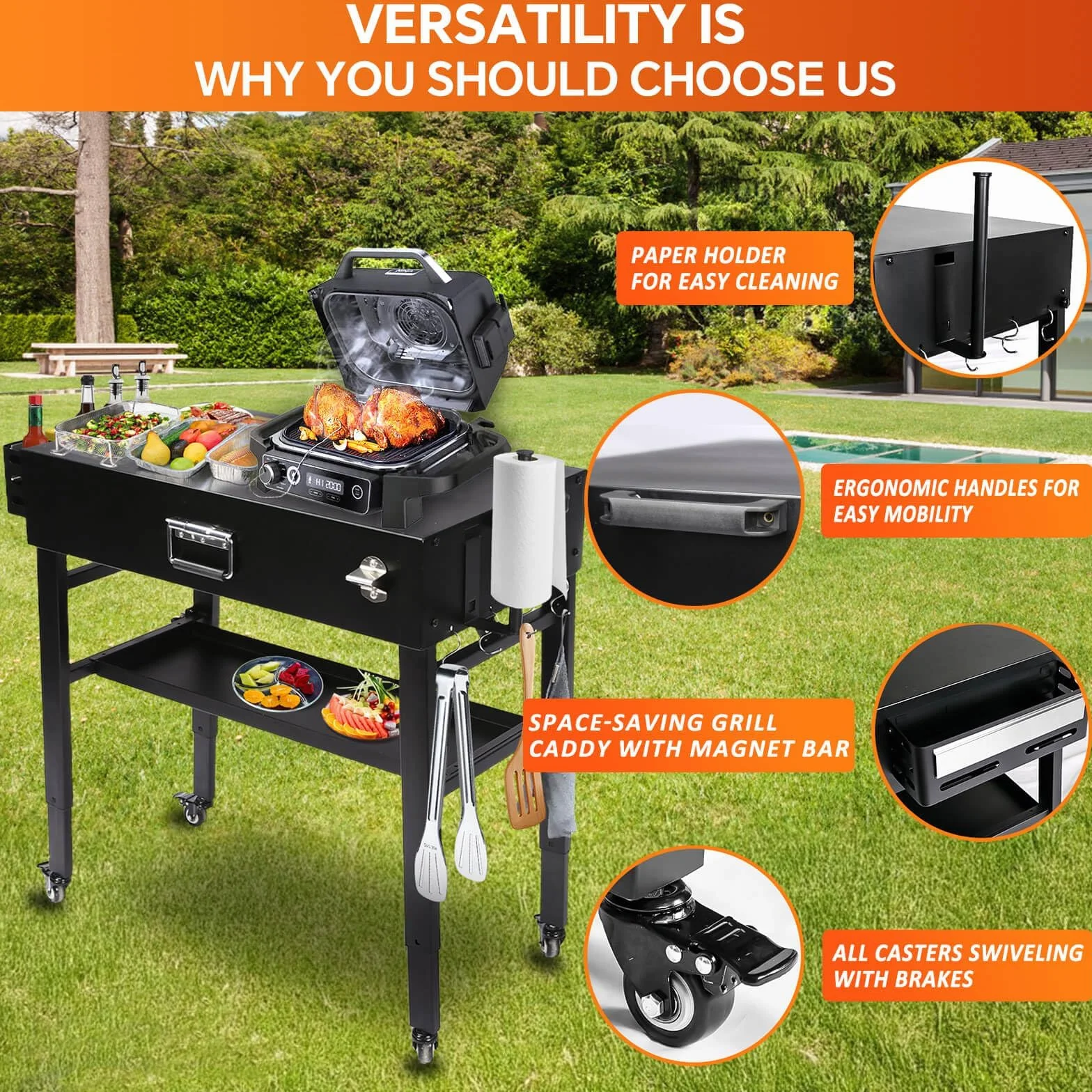 GFTIME Wózek do grilla Ninja Woodfire Outdoor Grill, przenośny wózek do serwowania, stojak Woodfire do serii Ninja OG700, uniwersalny składany stojak do grilla Weber Q1000, stół do grilla do pieca do