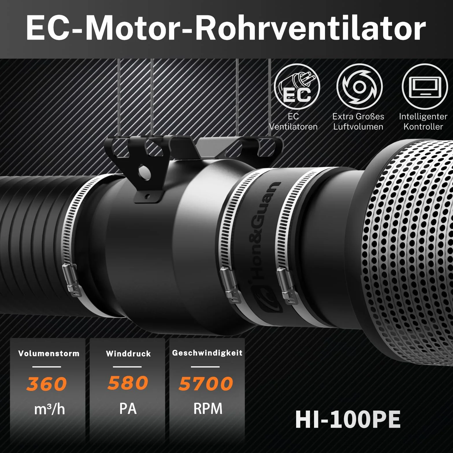 Hon&Guan Wentylator rurowy 100 mm, regulowany z inteligentnym kontrolerem
