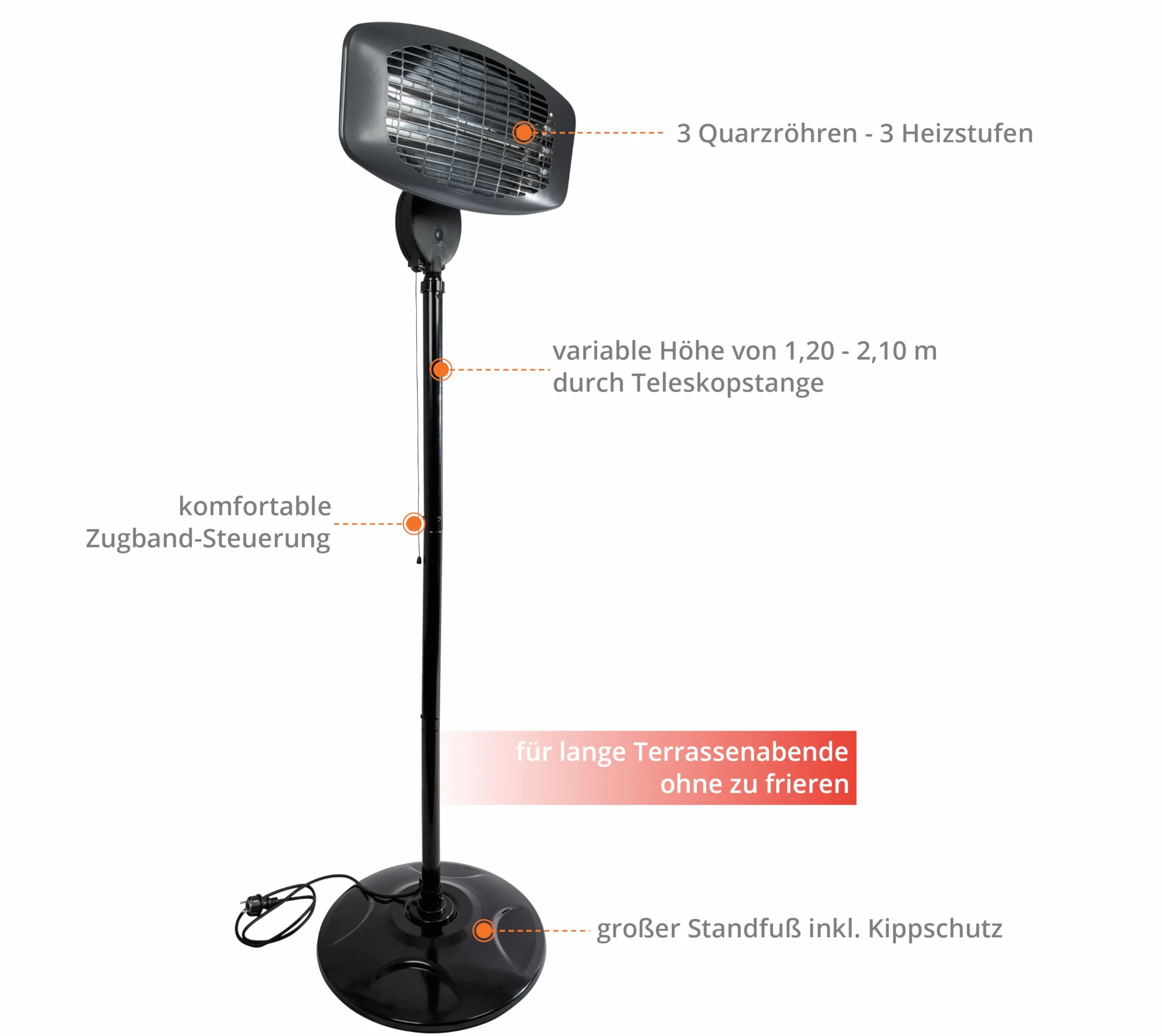 Güde Grzejnik stojący na podczerwień GIH 2000 (moc grzewcza 2000 W, 3 stopnie ogrzewania (650/1035/2000 W), 15 m³ maks. zdolność ogrzewania pomieszczeń, kwarcowe elementy grzejne, duża podstawa i