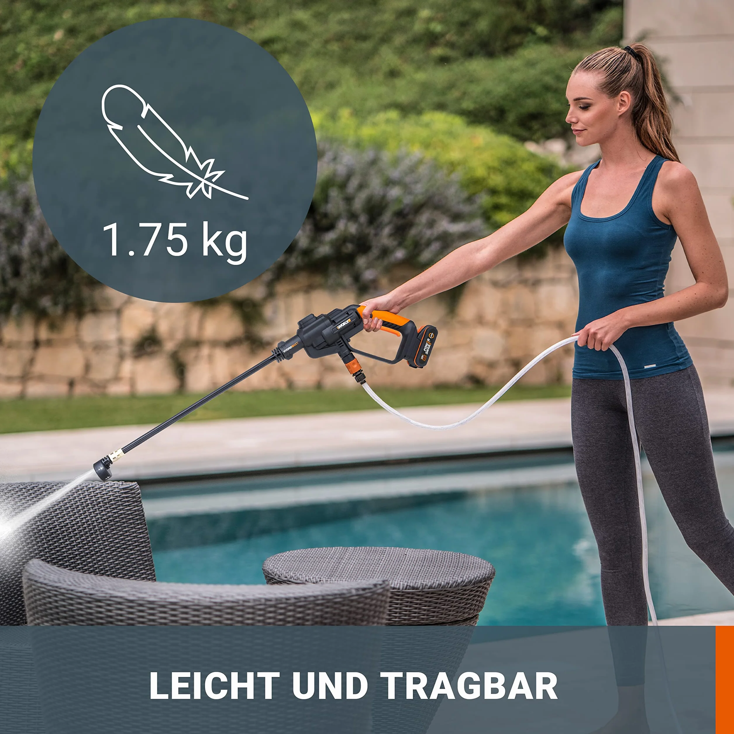 WORX WG620E.9 Hydroshot Akumulatorowa Myjka Wysokociśnieniowa 20 V, Mobilna Myjka Wysokociśnieniowa z Wieloma Dyszami Natryskowymi, Wąż 6 m, bez Akumulatora i Ładowarki