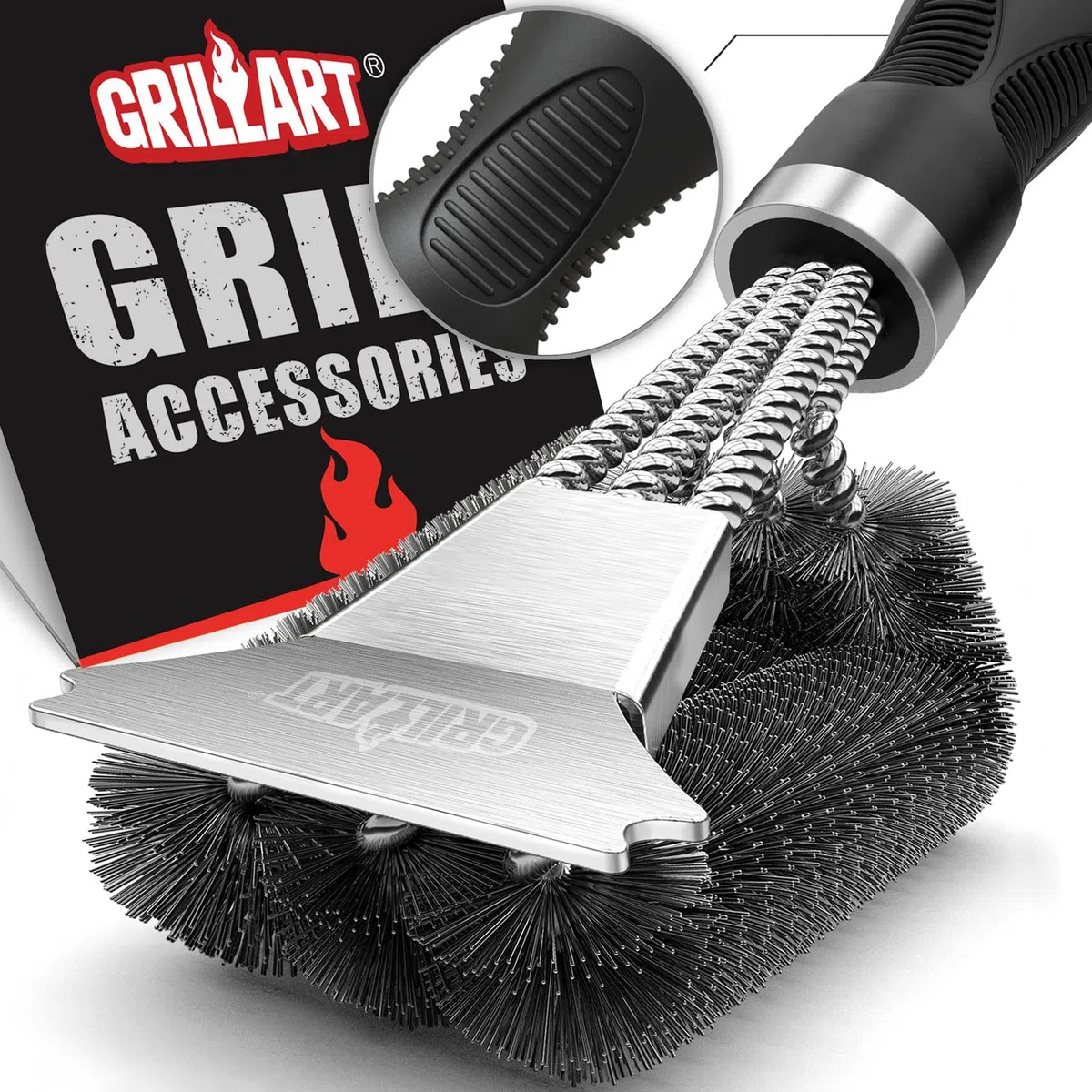 Szczotka do grilla i skrobak – bardzo mocne akcesoria do czyszczenia grilla – bezpieczne kostki druciane 18" ze stali nierdzewnej Triple Scrubber Cleaning Brush for Gas/Charcoal Grilling Grates, Wizard Tool
