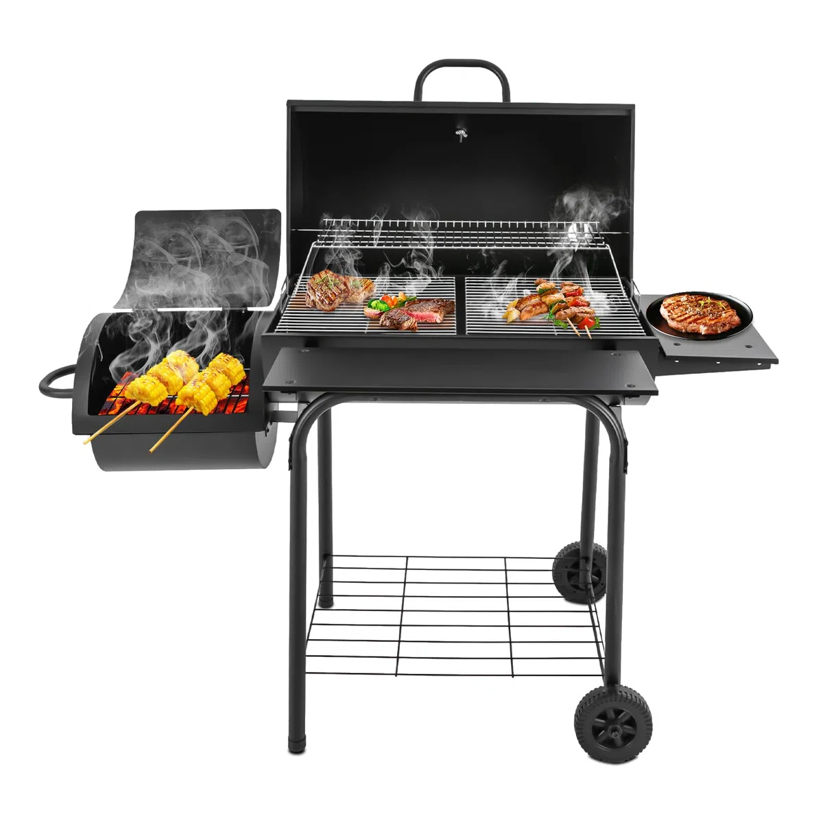 Wolnostojący grill na węgiel drzewny, 147 x 70 x 126 cm, powierzchnia grillowania, z termometrem i kółkami, dwa obszary grillowania na kemping, imprezę i do ogrodu