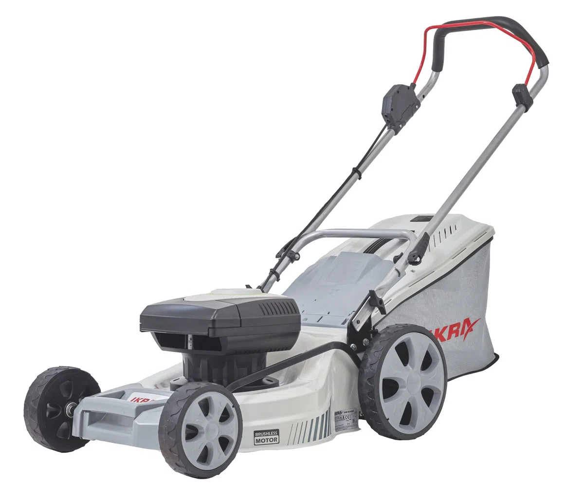 IKRA 77003500 IAM 40-4325 TwinPower kosiarka z akumulatorem, 2 x 40 V, pojemnik na trawę 50 l, szerokość cięcia 43 cm, 40 V, szary/czerwony/czarny