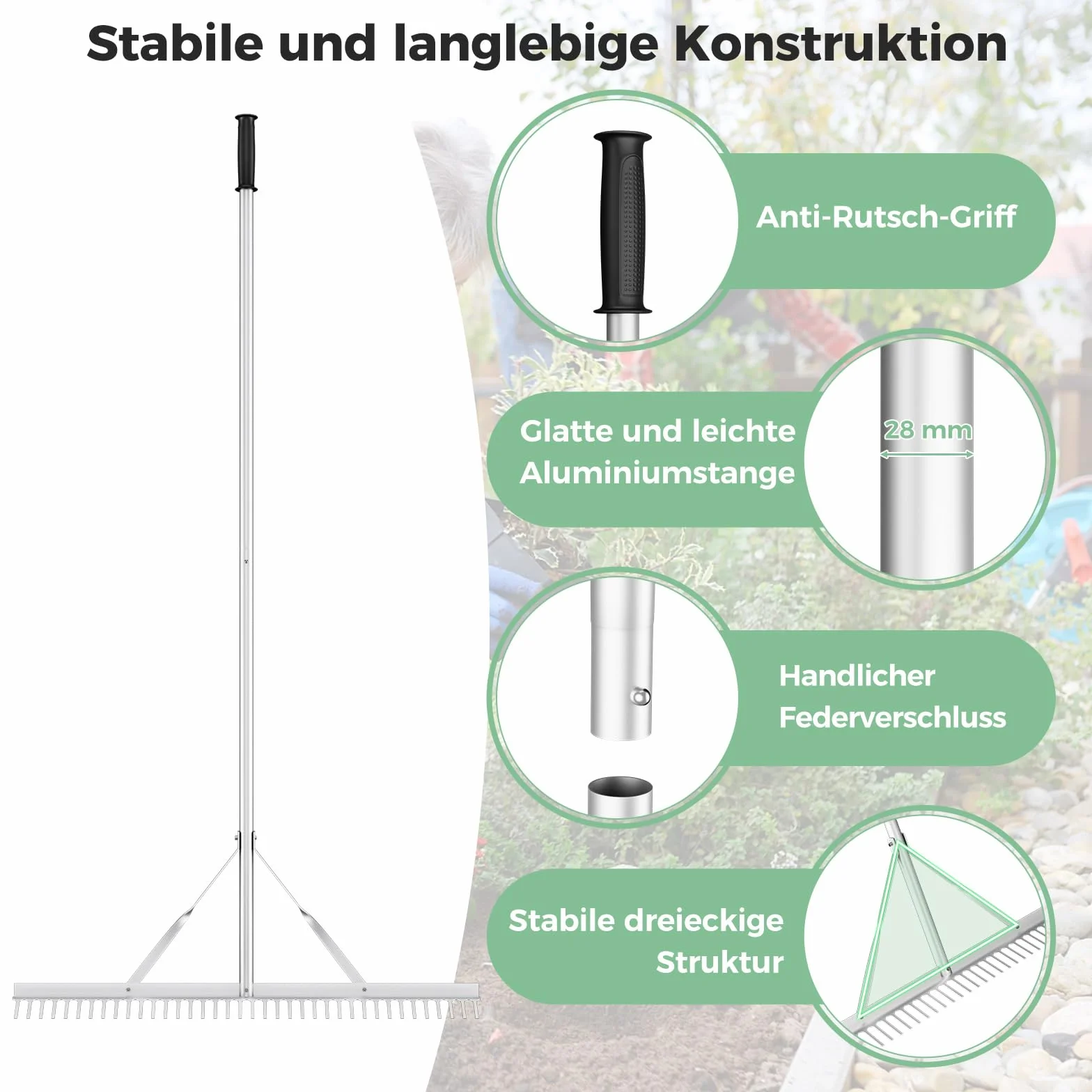 FANTASK Grabie z głowicą grabiącą o szerokości 91 cm i długim uchwytem, aluminiowa grabie ogrodowe z 36 zębami, miotła do liści, grabie do spulchniania gleby, pielęgnacja krajobrazu