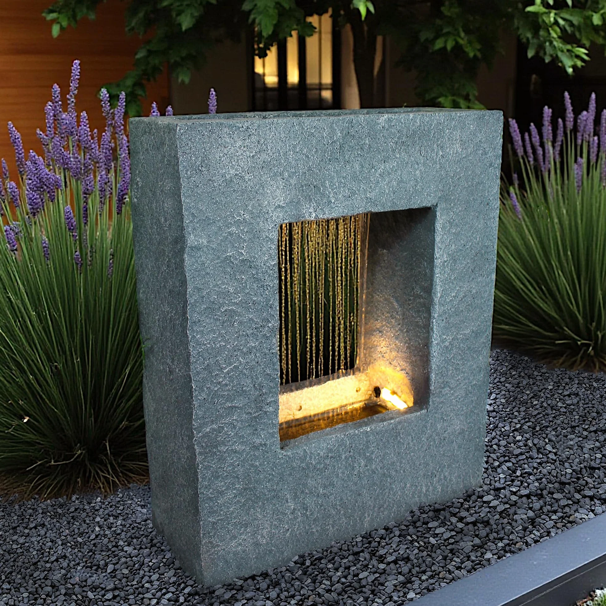 Fontanna ogrodowa z oświetleniem LED 65x53 cm fontanna pokojowa fontanna wygląd kamienia deszcz wodospad prostokątna ciepłobiała fontanna ogrodowa dekoracja ogrodowa