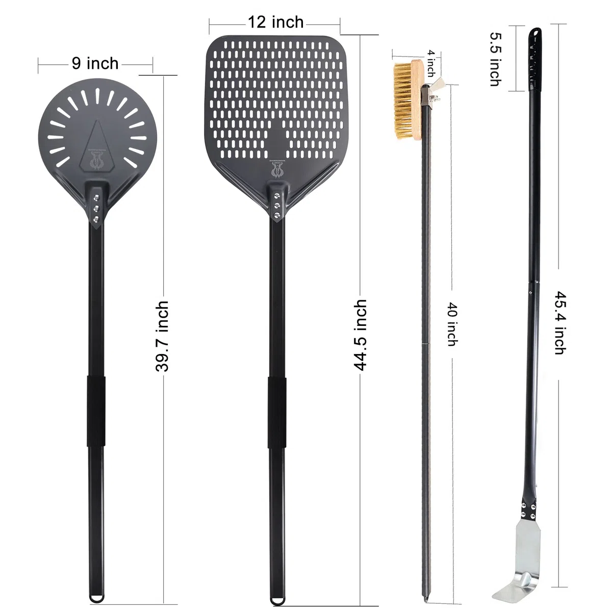 PizzaTurning Peel 25 cm Perforowana peeling do pizzy i pędzel do pizzy, grabie popielate, 4-częściowy zestaw przyborów do piekarnika do pizzy z aluminiowym uchwytem 100 cm