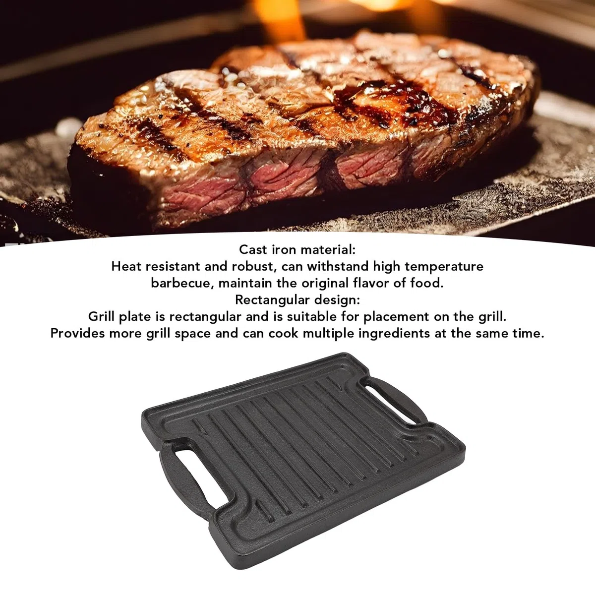 Żeliwna Płyta Grillowa Prostokątna, Równomierna Płyta Grzewcza do Grillowania Mięs, Owoców Morza, Warzyw 4300g