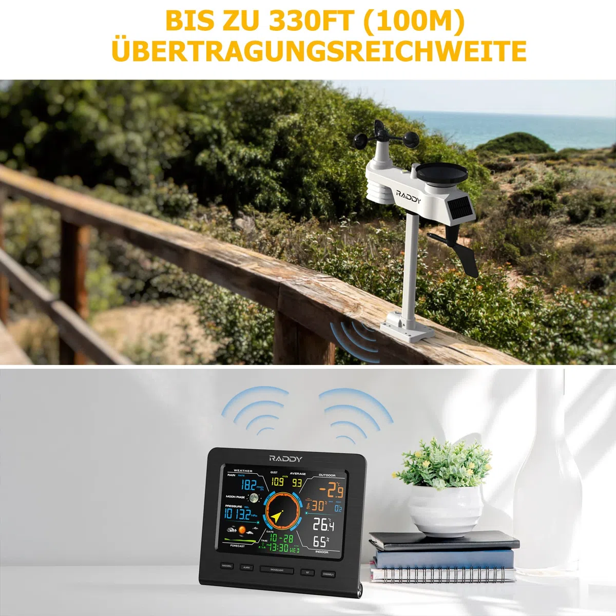 Raddy WF-100C Lite 13-IN-1 Bezprzewodowa stacja pogodowa do użytku wewnątrz i na zewnątrz, z temperaturą, ciśnieniem barometrycznym, wilgotnością, anemometrem, opadami, prognoza pogody, do domu,