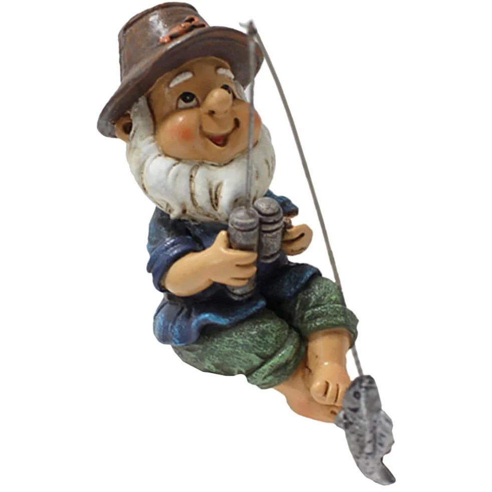 Happyyami figurka krasnala ogrodowego z motywem wędkarstwa, rzeźba z żywicy do dekoracji ogrodu, uroczy krasnal ogrodowy na zewnątrz, kreatywne ozdoby ogrodowe 4,5x7x10cm