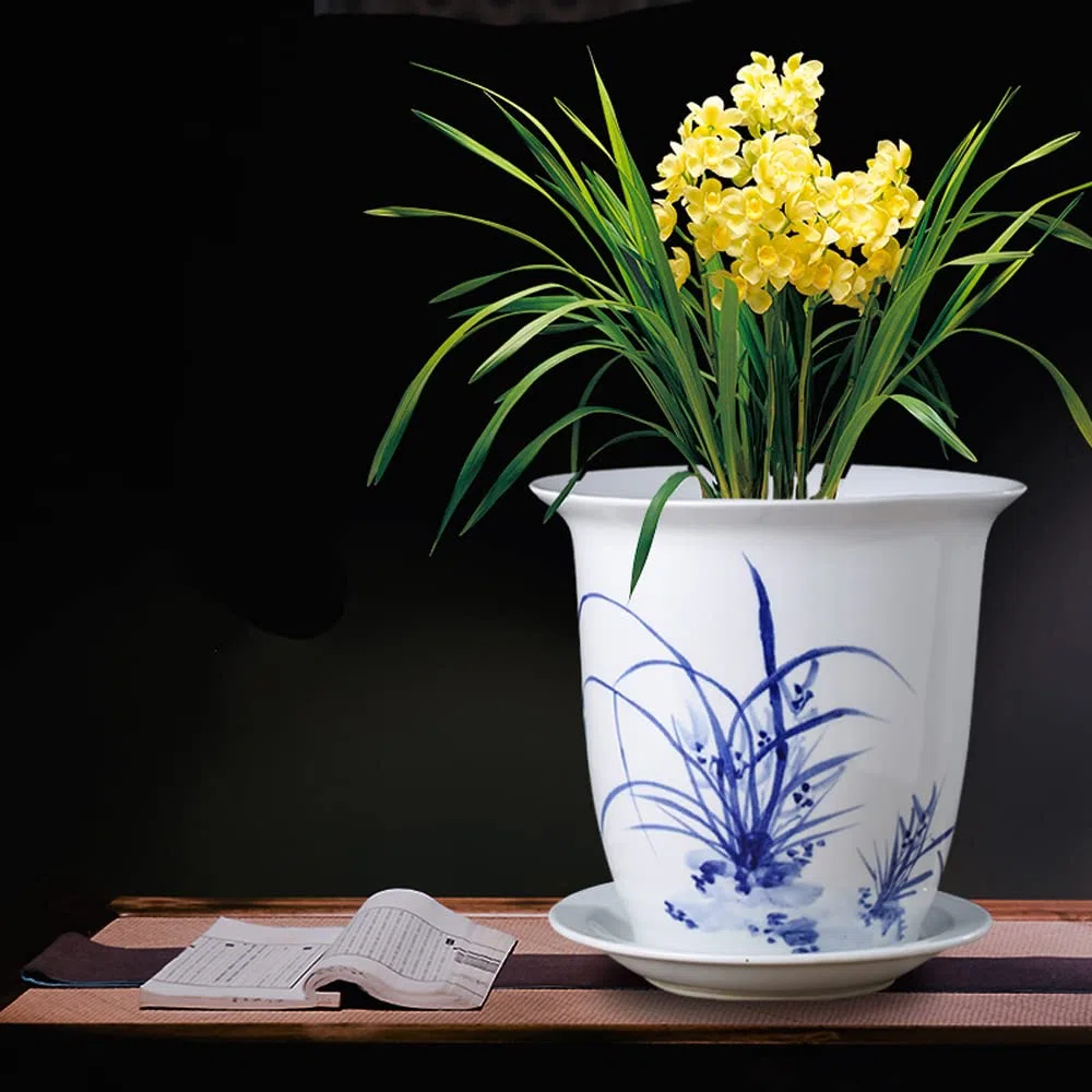 Doniczka ceramiczna Chińskie orientalne niebiesko-białe ceramiczne doniczki doniczkowe do wnętrz z porcelanowym spodkiem do ogrodu i wewnątrz, doniczka Chinoiserie