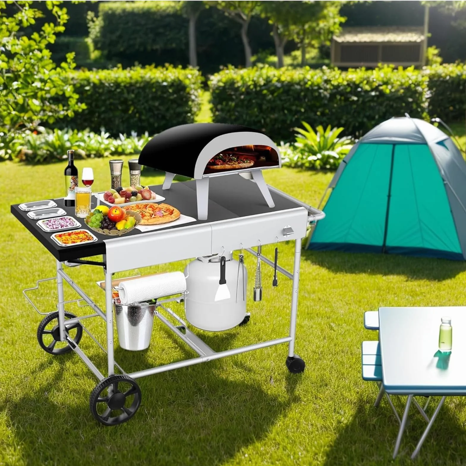 GFTIME Wózek do serwowania grilla z serii Q, Ninja Woodfire, grill stołowy, stół do grillowania z dużą powierzchnią roboczą, wózek do serwowania na zewnątrz, wózek do serwowania, wózek ogrodowy na