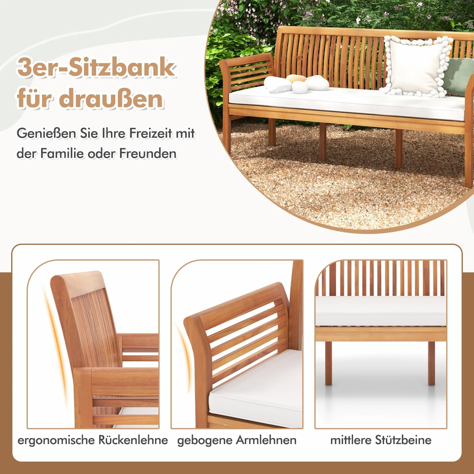 COSTWAY Ławka Ogrodowa z Drewna Akacjowego, Poduszką do Siedzenia, 3-Osobowa Sofa Ogrodowa, Balkonowa, Obciążenie 540 kg, Parkowa na Taras, Balkon, Ogrodu, 159