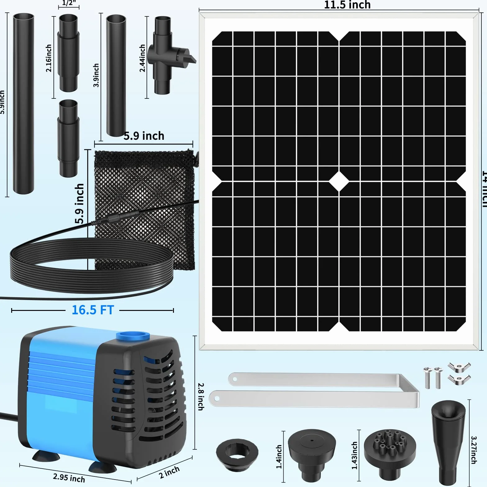 Solarna pompa do stawu 20W 1300 l/h 5 m przewód 4 wzory natrysku