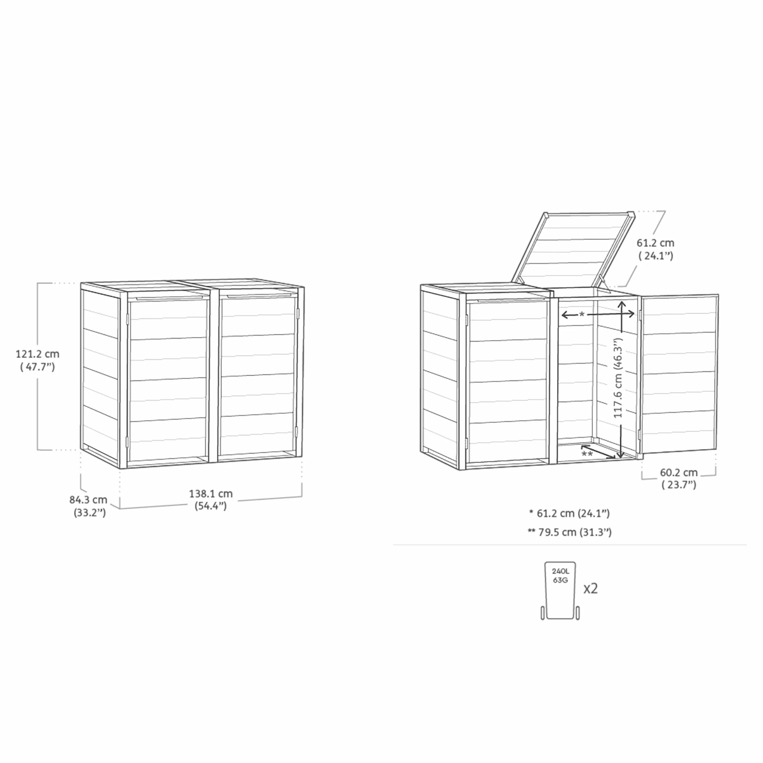 Keter Pojemnik na śmieci Hide Away 2 x 240 l | 138 x 84 x 121 cm | antracyt | pokrywka ze sprężyną gazową | wentylowana | możliwość rozszerzenia