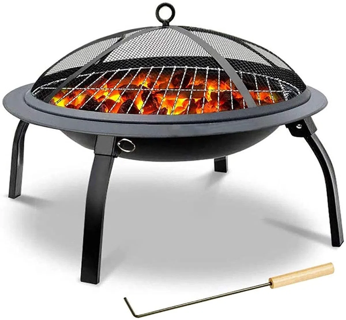 Palenisko do grilla na zewnątrz – stalowa składana miska na palenisko z grillem i pokrywą i pokerem, ognisko, piecyk do grilla, drewno węgiel drzewny grzejnik tarasowy