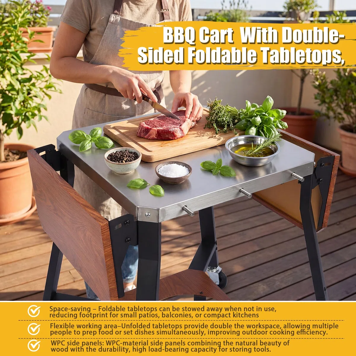 GFTIME Wózek grillowy z blatem roboczym ze stali nierdzewnej, wózek BBQ z 2 składanymi półkami bocznymi, uchwytem na butlę gazową i kółkami, mobilny wózek kuchenny do grilla, pieca do pizzy i ogrodu
