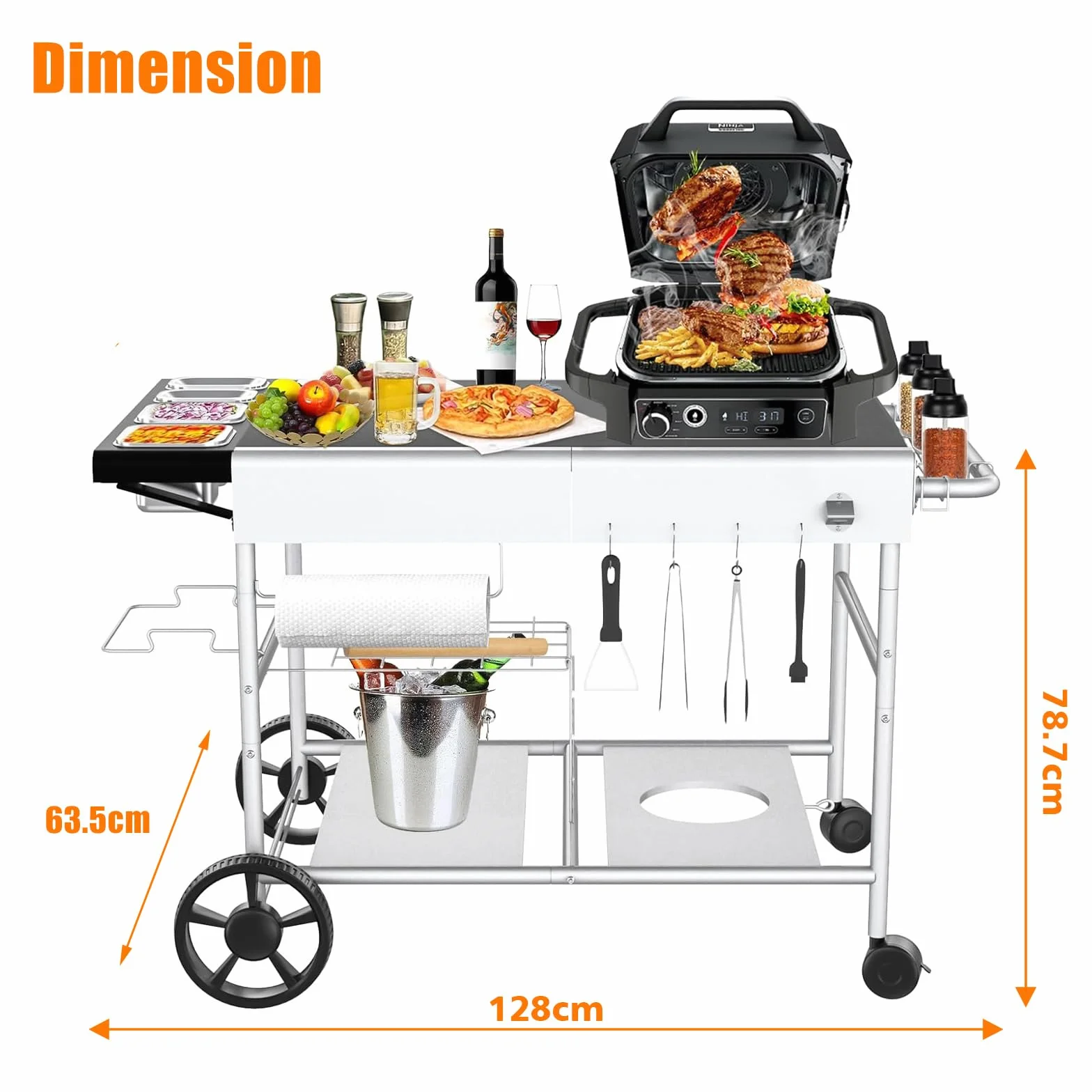 GFTIME Wózek do serwowania grilla z serii Q, Ninja Woodfire, grill stołowy, stół do grillowania z dużą powierzchnią roboczą, wózek do serwowania na zewnątrz, wózek do serwowania, wózek ogrodowy na
