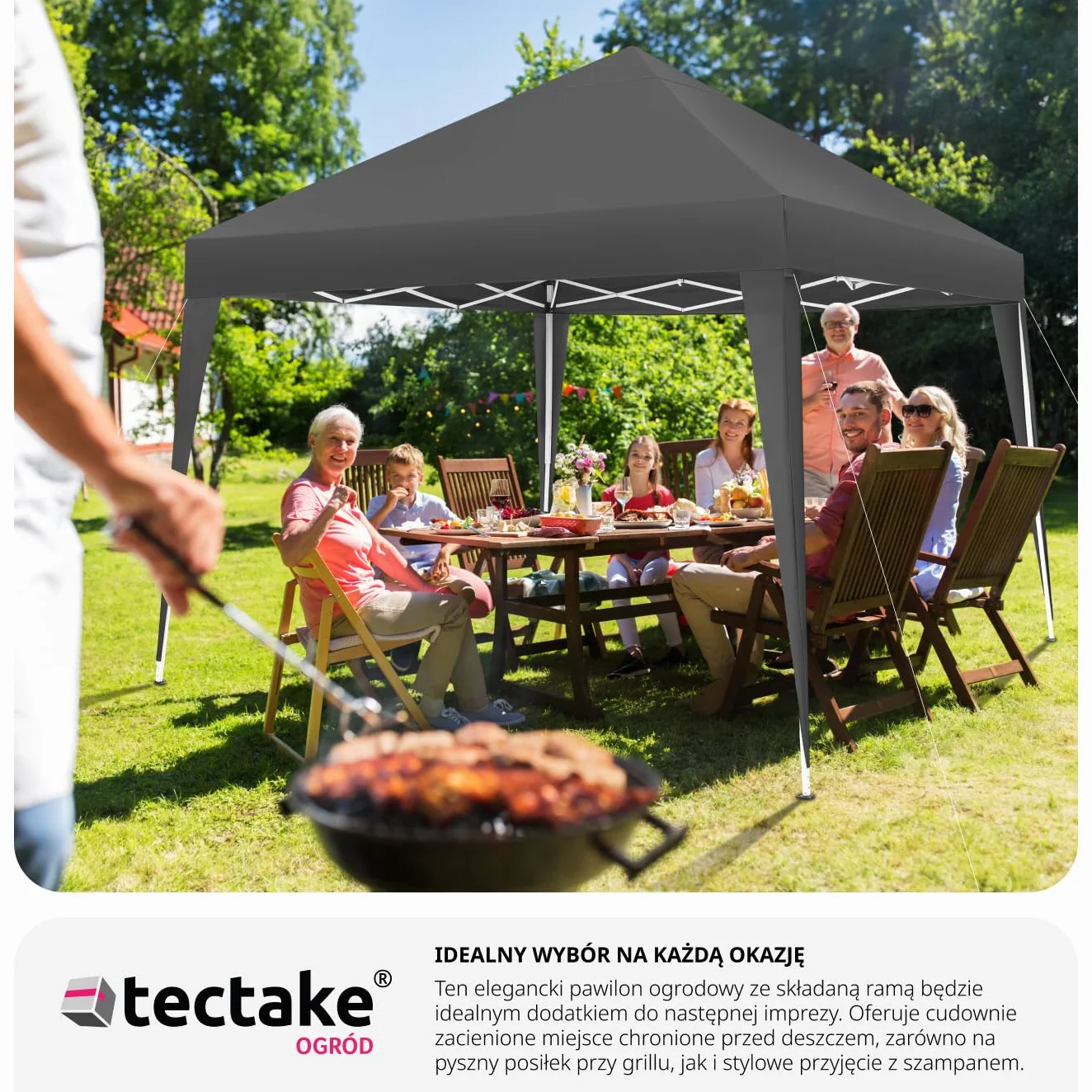 tectake® Składana Altanka, Pawilon Ogrodowy 3x3m, Wodoodporny Dach z Ochroną UV, Stalowy Stelaż Malowany Proszkowo, Regulacja Wysokości, Łatwy Montaż, Namiot Imprezowy (Szary)
