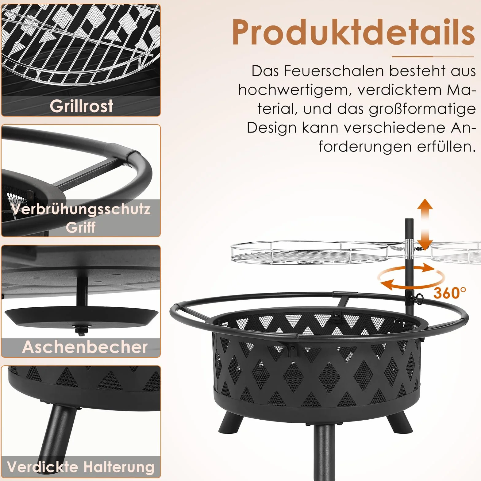 TLSUNNY Palenisko do grillowania Ø 76 cm z rusztem obrotowym, ochrona przed iskrami, kosz z pogrzebaczem, ogrodowe