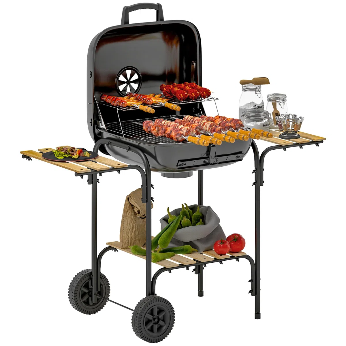 Outsunny Grill na węgiel drzewny, wózek do grillowania o powierzchni 1840 cm², przenośny grill wędzarniczy z pokrywką, rusztem, półkami i kółkami, na piknik, kemping, czarny