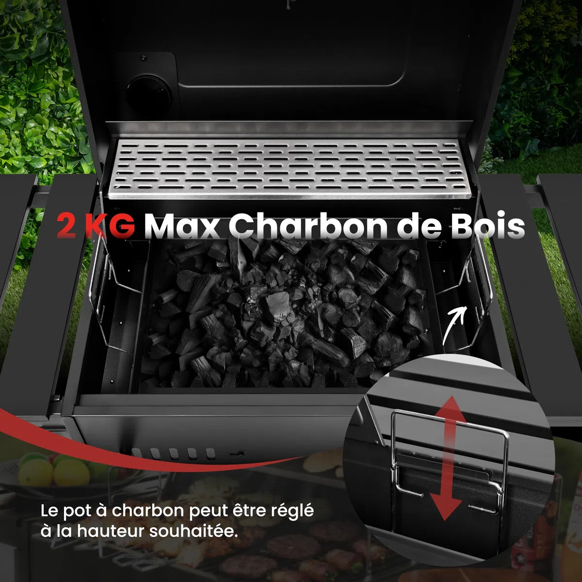 Royal Gourmet Grill na węgiel drzewny, grill węglowy na wózku ze składanymi półkami, pokrywa, termometr, powierzchnia do gotowania 56,5 x 42,2 cm do ogrodu, na kemping, czarny