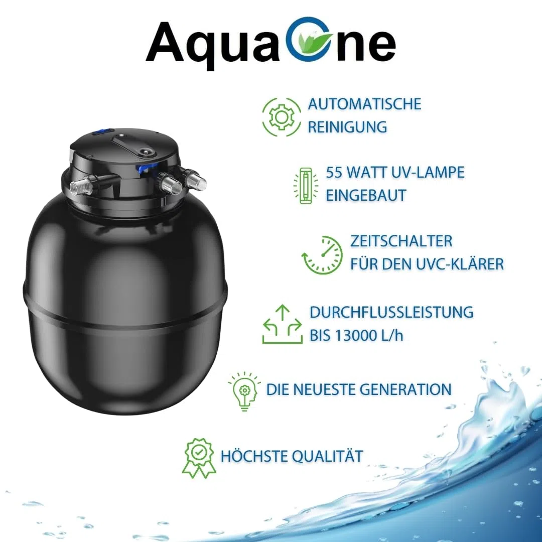 AquaOne Zestaw filtrów do oczka wodnego z pompą do stawu, instalacja filtrująca CPA-75000 do oczka wodnego do 100 000 litrów I kompletny zestaw z regulowaną lampą UV Eco Pompa 37-180 Watt Skimmer wąż do stawu nr 67