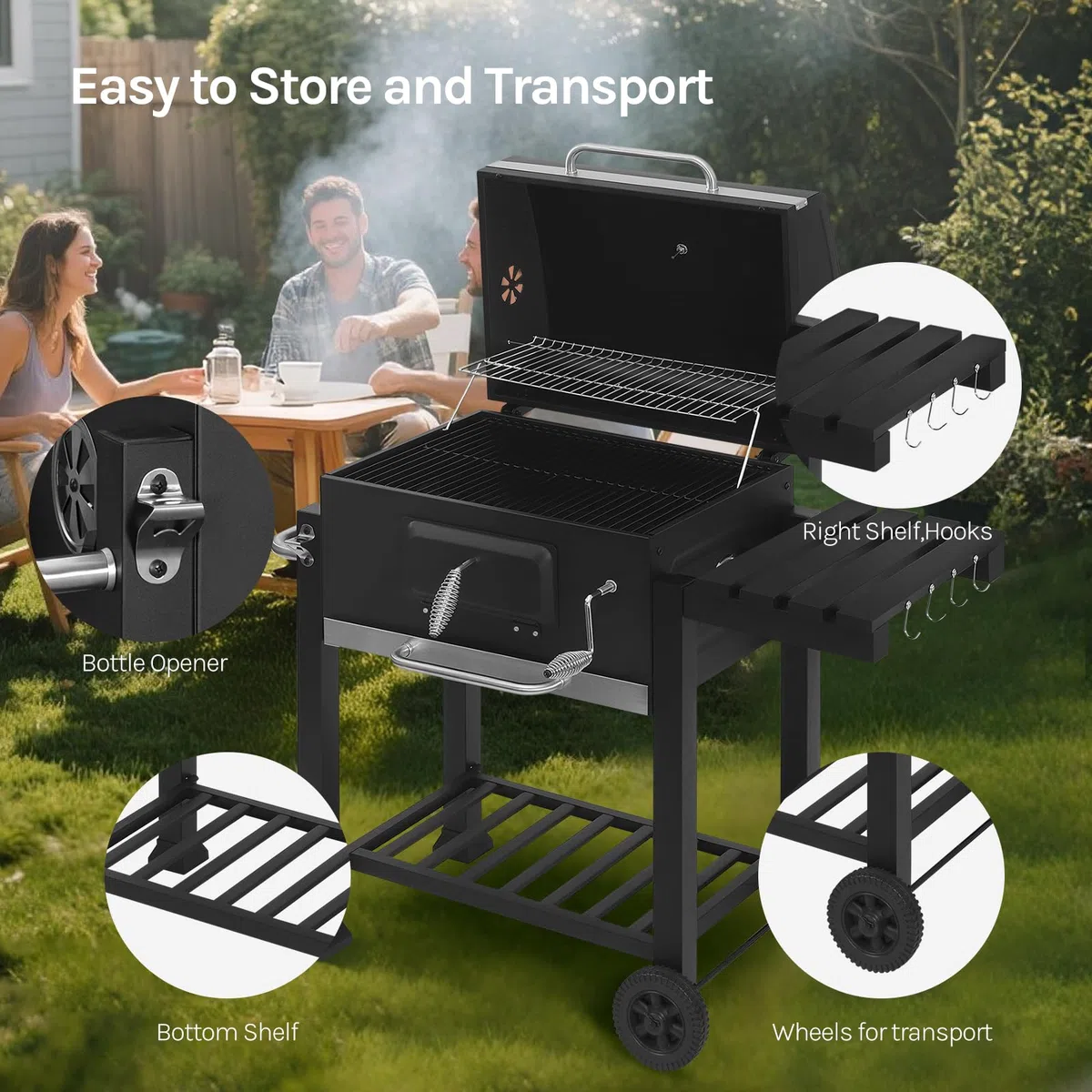 WOLTU grill na węgiel drzewny z pokrywą, duża powierzchnia grilla, regulowana taca na węgiel, grill typu smoker, BBQ z rusztem grillowym, termometrem, wózek grillowy do kempingu, 117 x 107 x 71 cm