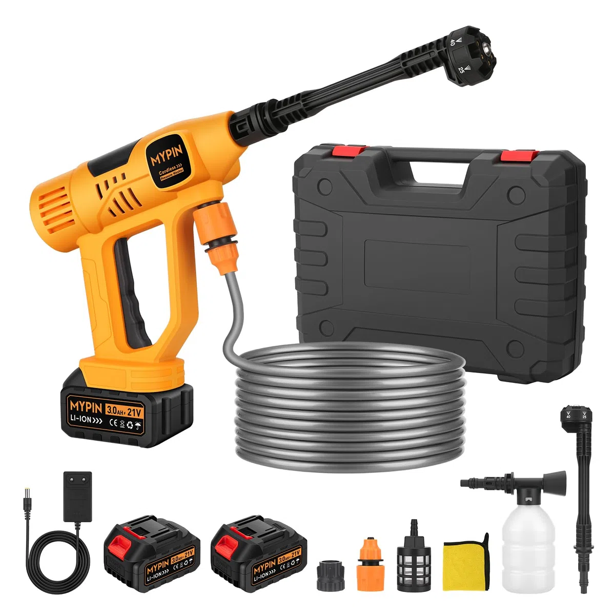 MYPIN Ulepszony wyświetlacz LCD, przenośny, bezprzewodowy środek czyszczący, 790 psi, 21 V, 2 baterie, dysza 6 w 1, do czyszczenia podłóg, ścian, ogrodzenia, 9 regulowanych trybów ciśnienia