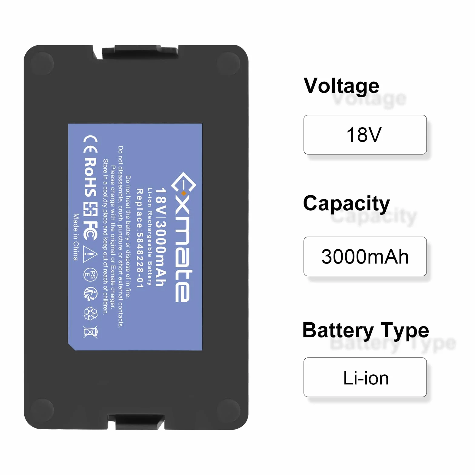 Exmate 18 V 3000 mAh akumulator zamienny do Husqvarna Automower 115H 2020, Husqvarna Automower 305 2020, Automower 310 2020, Automower 315, Automower 315X Limited 2020, Sileno City，Sileno Life