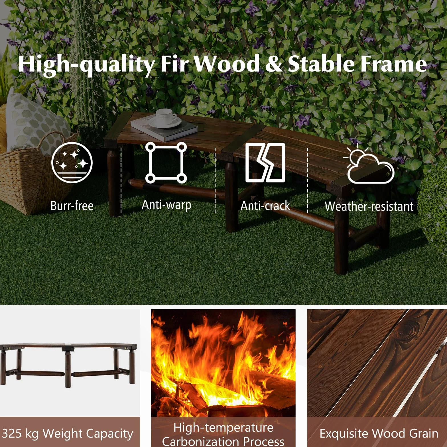 GIANTEX Ławka ogrodowa, odporna na warunki atmosferyczne, drewniana ławka do siedzenia dla 2 do 3 osób, ławka parkowa z litego drewna, karbonizowana, do ogrodu i tarasu, obciążenie do 325 kg