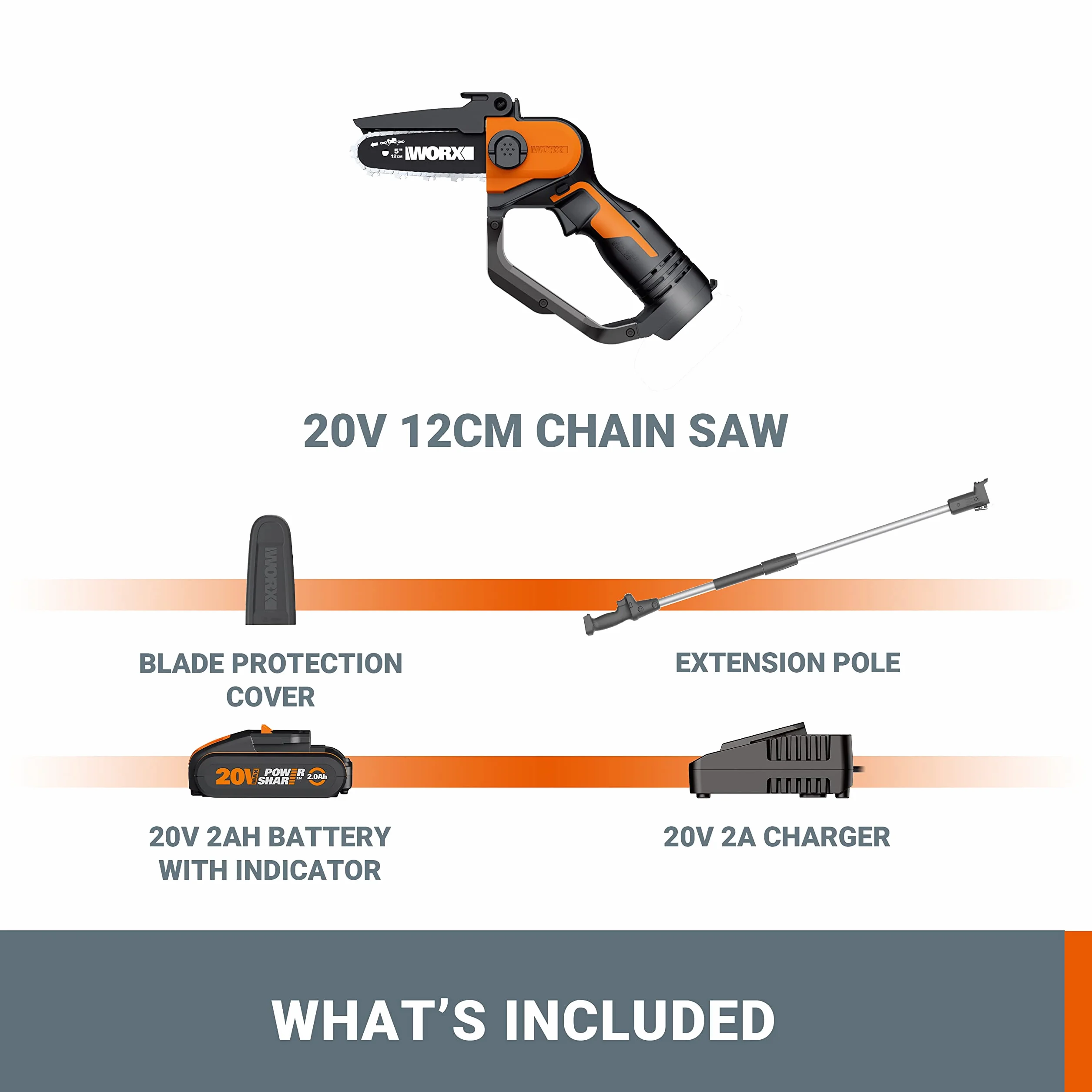 WORX Mini akumulatorowa piła łańcuchowa 18V (20V MAX) WG324E.1, PowerShare, przenośna mini piła łańcuchowa elektryczna, pręt 12 cm