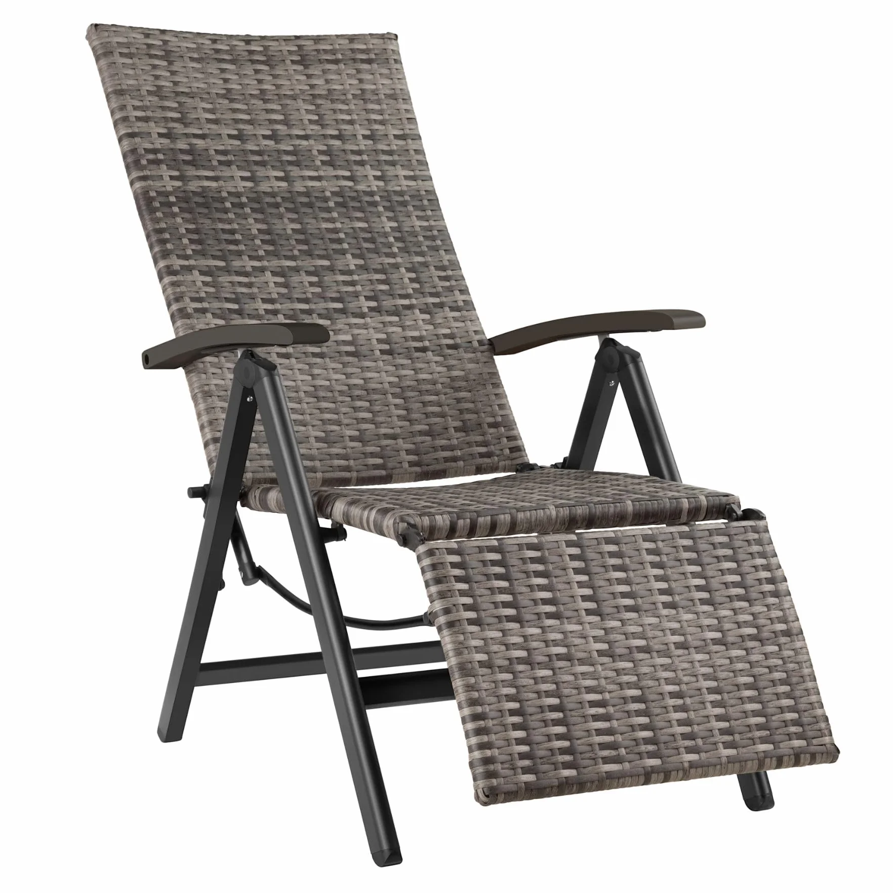 tectake®, Składany Fotel Ogrodowy, Rattanowe Krzesło Relaksacyjne, Regulacja Oparcia, Podnóżek, Plecionka UV, Aluminium, Antypoślizgowe Nóżki, Leżak Plażowy, Balkonowy, Na Taras (Szary)