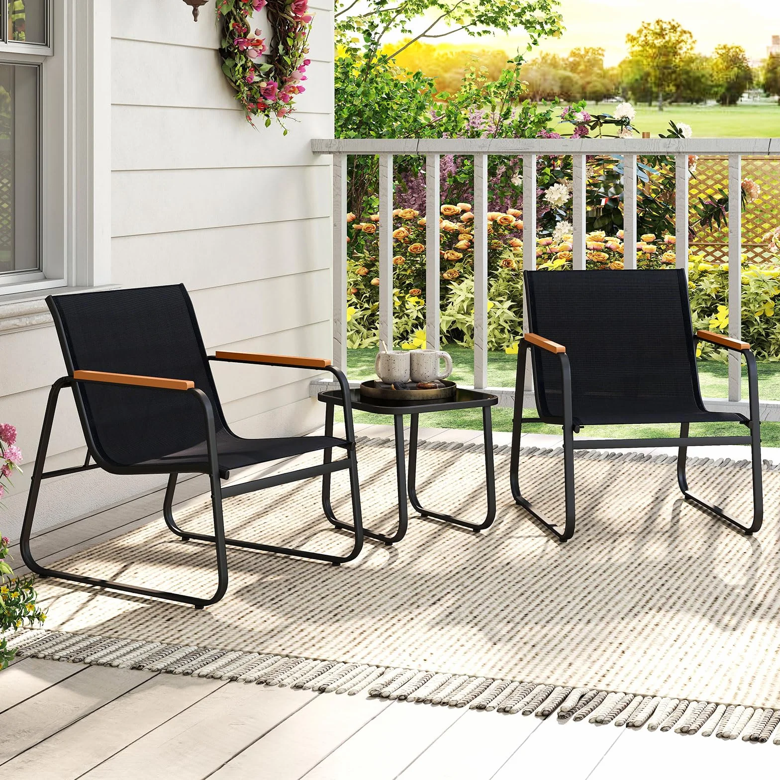 COSTWAY Zestaw mebli balkonowych, 3-częściowy zestaw mebli balkonowych z 2 krzesłami ze stołem i poduszkami, meble tarasowe, zestaw mebli ogrodowych, zestaw mebli ogrodowych do ogrodu, na balkon