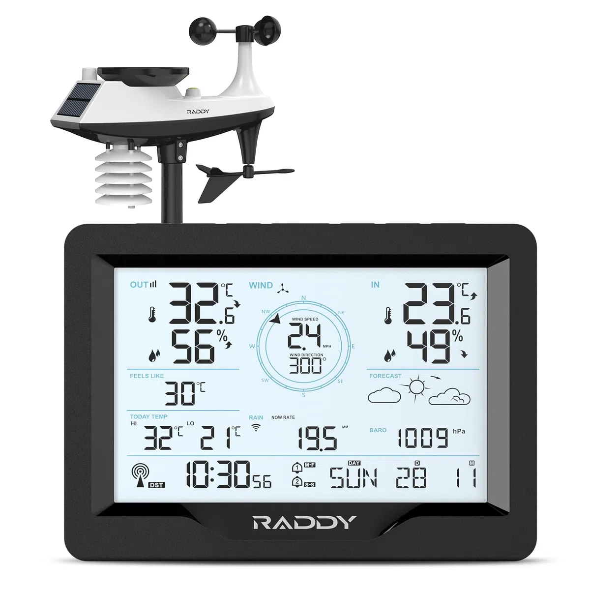 Raddy MN6 Lite stacja pogodowa z czujnikiem zewnętrznym, 5 w 1, wewnętrzny termometr zewnętrzny, monitor temperatury i wilgotności powietrza z zegarem atomowym DCF, prognoza pogody, prędkość wiatru